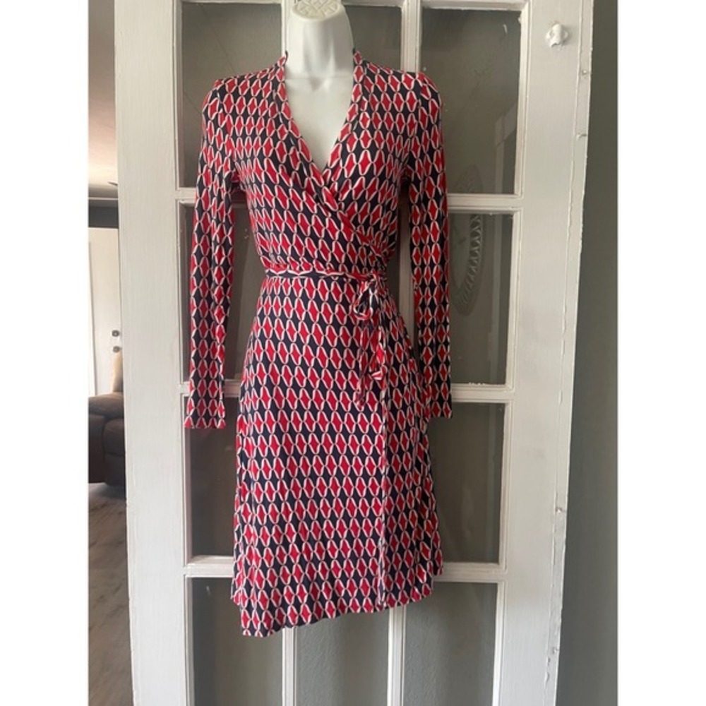 Boden Geometric Diamond Wrap Dress Long Sleeve - Picture 2 of 9